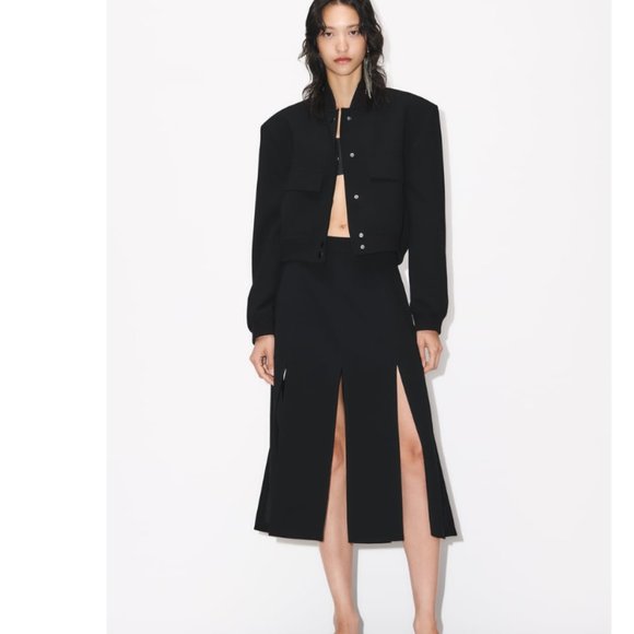 NWT ZARA WOMAN HIGH-WAIST MIDI SKIRT WITH STRIPS BLACK L 7918 / 118 - Picture 1 of 7
